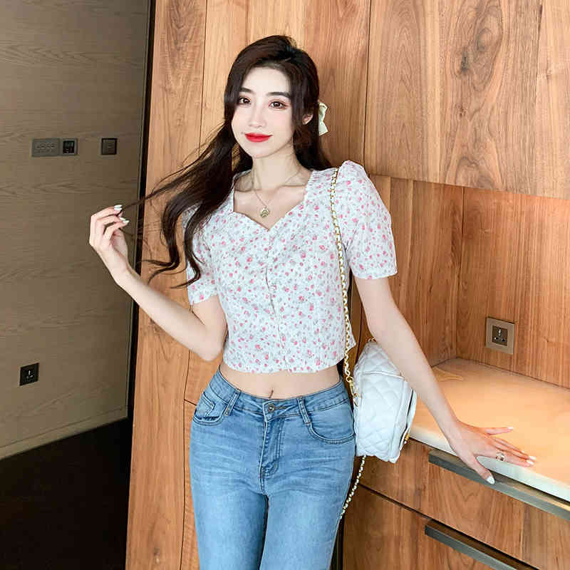Korean Summer Fashion Sweet Flowers Print Blouses Women Temperament Square Neck Puff Sleeve Short Shirt Tops Female Blusas 210518