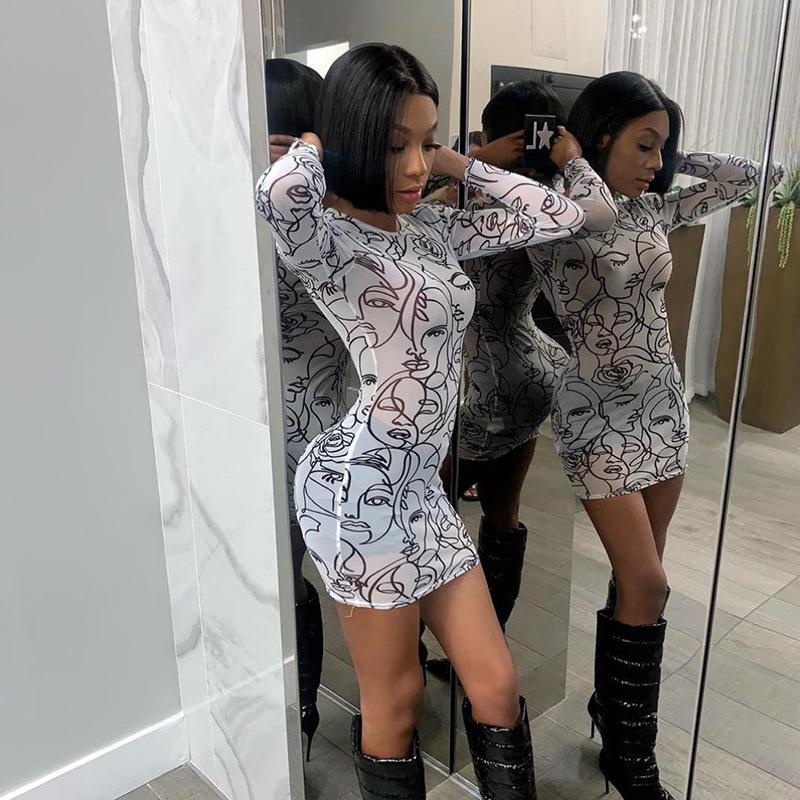 Print See-through Mesh Cloth Summmer Dress 2021 Slim Fit Bodycon Long Sleeve O-Neck Women Dresses Vestidos Mujer Casual