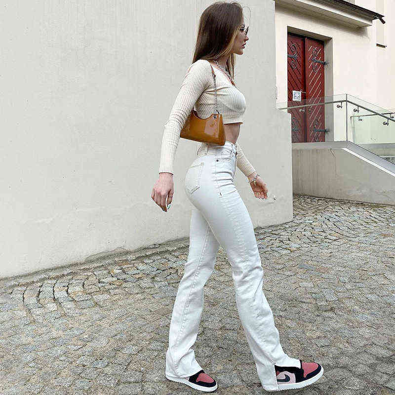 solid color white y2k fashion retro street full-length pants women trousers slits trend high waist slim jeans 211115