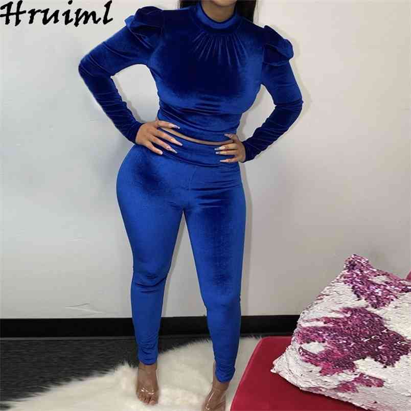 Elegant 2 Piece Set Women Long Sleeve O Neck Crop Top Blue Velour Tracksuit Fashion Pants Sets Solid Evening Party Club Outfits 210513