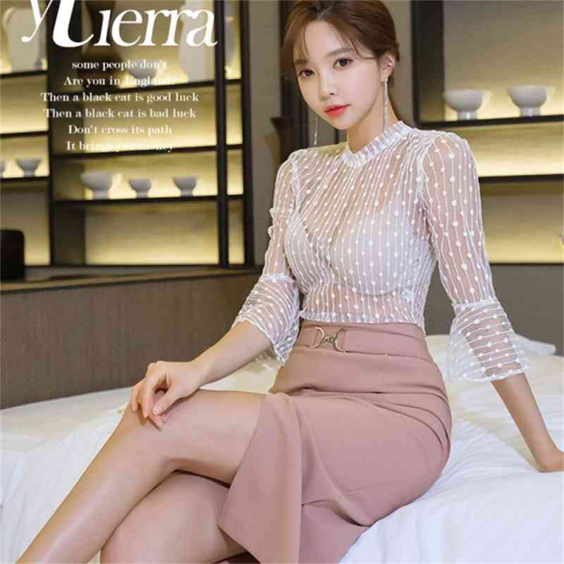 Elegant OL Style 2 Pieces suit Set White transparent flare sleeve Blouse + High Waist Pink Skirt Office Ladies Women 210519