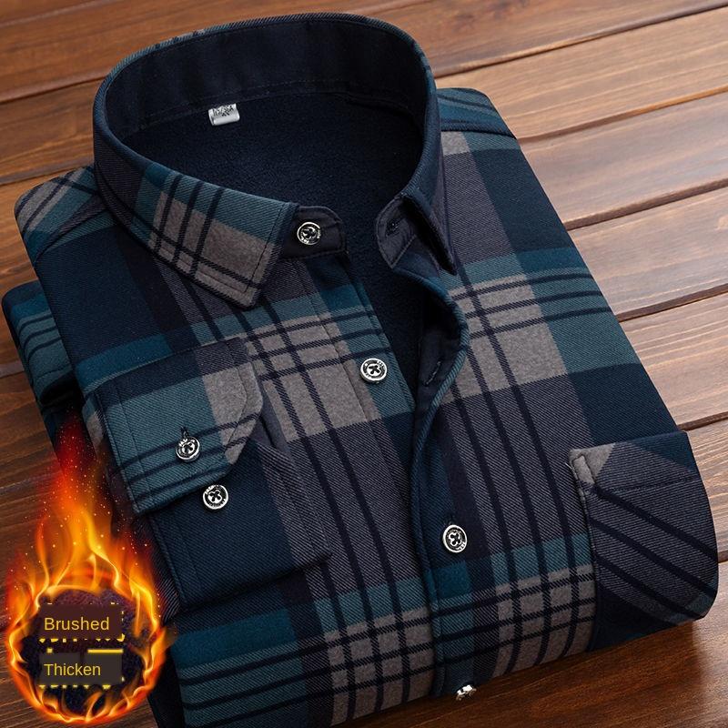 Men's Casual Shirts Autumn Winter Thick Velvet Dress Shirt For Men Long Sleeve Warm Fleece Lining Fashion Soft Flannel 4XL 5XL