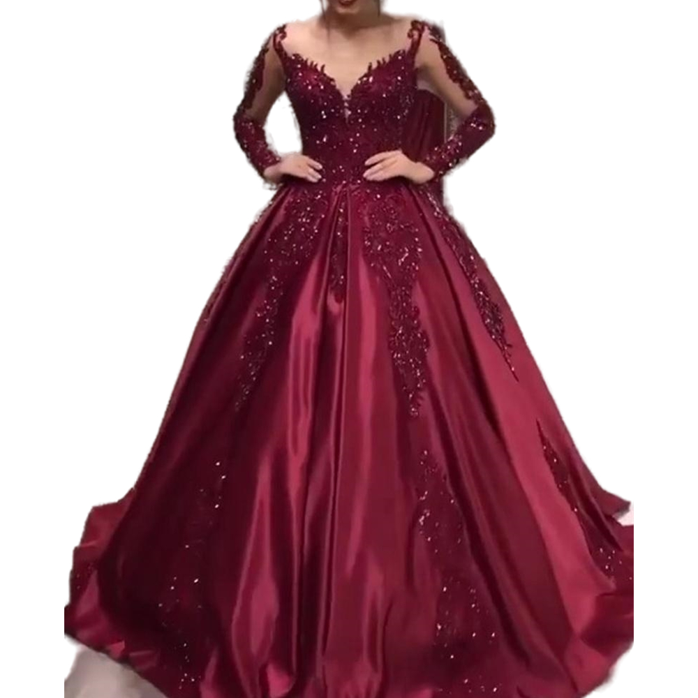 Sparkly Burguny Ball Gown Formal Evening Dresses Long Sleeves Appliques Beaded Arabic Dubai Prom Party Gowns Special Occasion Wear Red Carpet Dress