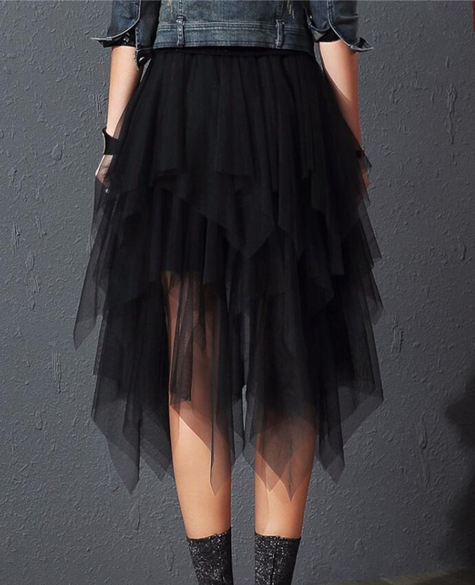 Women Irregular Mesh Skirt Korean Clothes Summer Vintage Elastic Waist Pleated Mid Long A-line Skirts Femme 210429