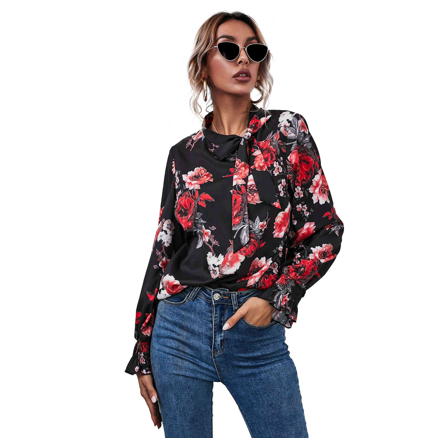Spring Summer floral printed long sleeve black pullovers shirt Fashion Office Lady wear ruffles loose 210524