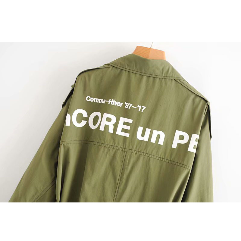 Autumn Women's Versatile Loose Waist Tie Long Coat Back Letter Printed Temperament Female Jacket ArmyGreen Tops 210507
