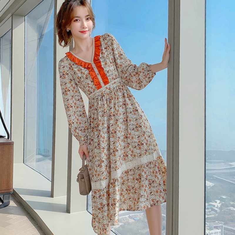 Elegant Ruffle V-Neck Floral Printed Party Dress Female Vintage Spring Fashion High Waist Chic Midi Vestido 210519