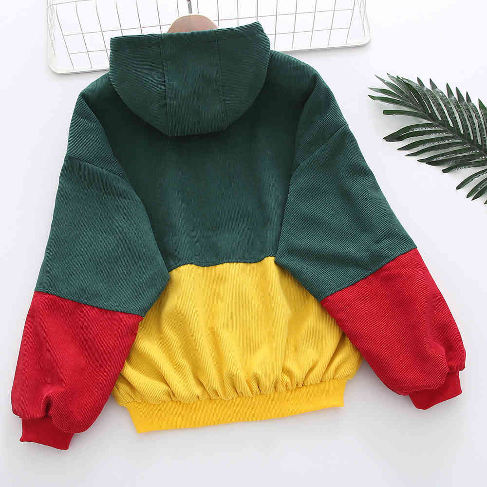 Color Block Long Sleeve Corduroy Women Jacket Patchwork Drawstring Hit Autumn Plus Size Coat 210428