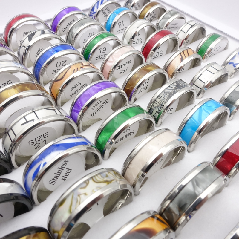 Whole 50PCsLot Stainless Steel Band Rings For Men Women 8mm Shell Mix Patterns Silver Black Plated Fashion Jewelry Party Gift