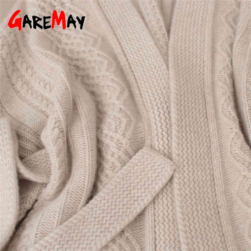 Warm Knitted Cardigan Female Casual Criss-Cross Belt Turn Down Collar White Sweater Women Cotton Knitwear Cardigans Tops 210428