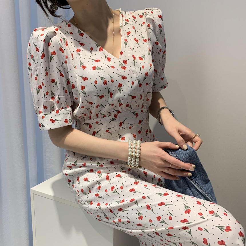 Fashion Flower Print Dress Women Elegant V Neck Puff Sleeve Ladies Vestidos Summer Slim Waist Female Dresses 210506