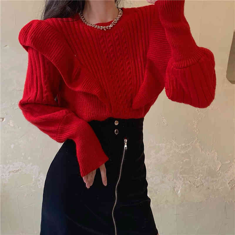 MATAKAWA Puff Sleeve Women's Sweater Spring Fashion Woman Sweaters Loose Ruffled Red Knitted Pullovers Top 210513