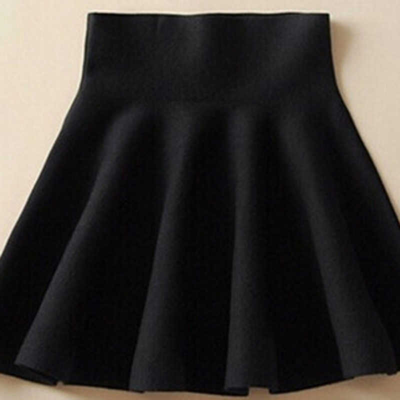 Spring Autumn Women Skirt Knitting Woolen Midi Ladies High Waist Casual Pleated Elastic Flared s 210621