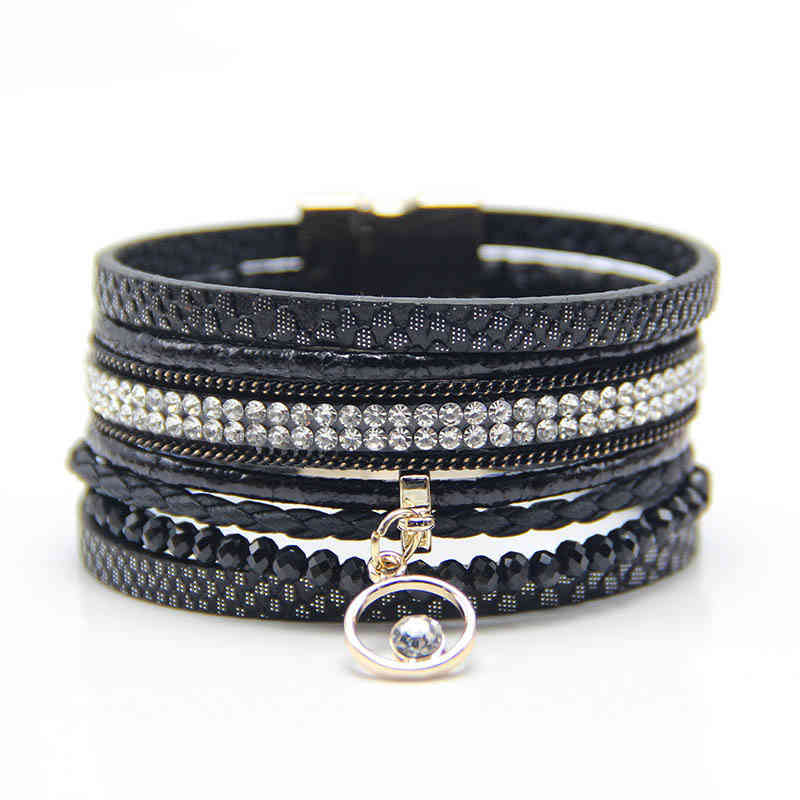 Bangle Charm Bracelets 2021 Multi Layer Color Leather Rope Zircon Women's Alloy Magnet Buckle Tassel Jewelry