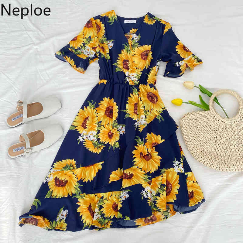 Neploe Women's Dress Summer New Style Temperament Irregular Vestidos V Neck High Waist Slim Bandage Floral Split Dresses 4h571 210422