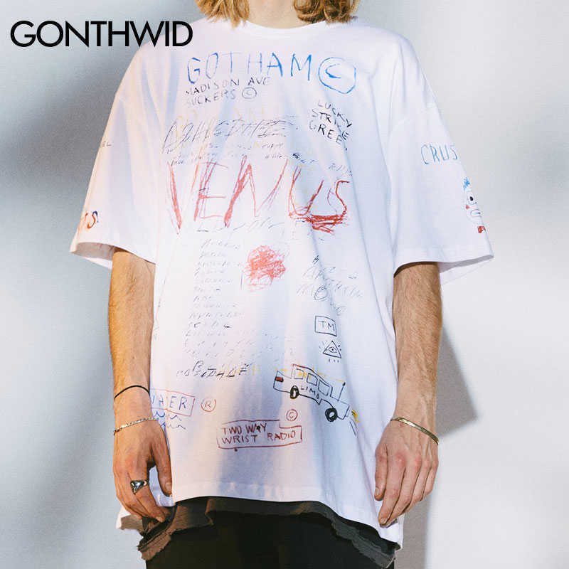 GONTHWID Hip Hop Graffiti Print Short Sleeve T-Shirts Streetwear Harajuku Casual Loose Tees Men Fashion Summer Tshirts Tops 210623
