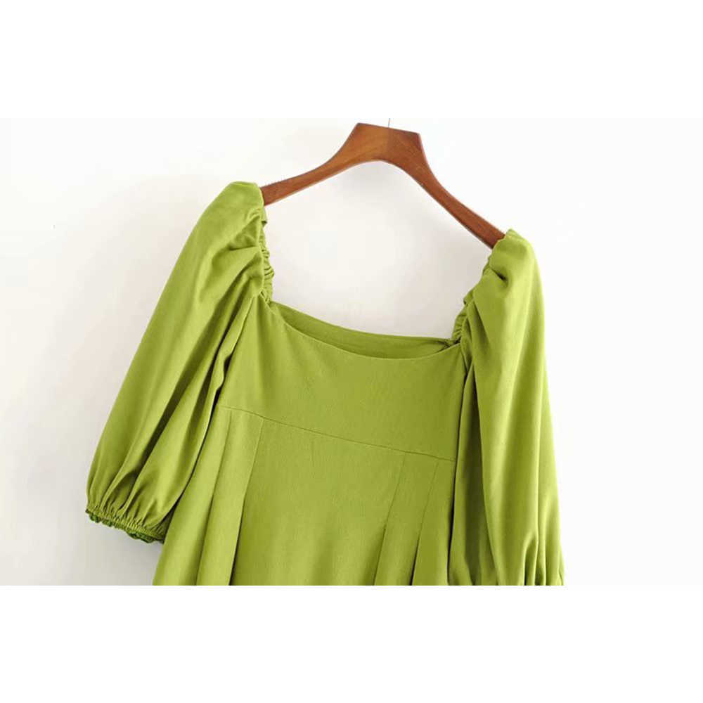 Summer Women Dress Square neckline Puff Sleeves elegant Casual Vintage Chic Lady Woman Maxi Sundress 210709