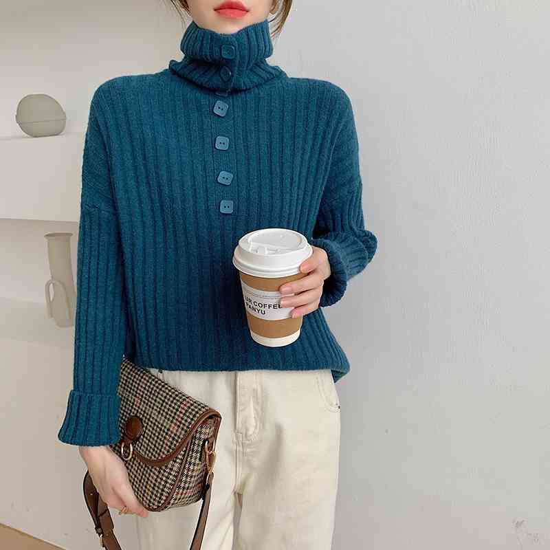 Autumn Winter Sweater Women Fashion Long Sleeve Button Turtleneck Sweaters Woman Loose Solid Korean Pullover Knitted Tops 210602, Rose red
Autumn Winter Sweater Women Fashion Long Sleeve Button Turtleneck Sweaters Woman Loose Solid Korean Pullover Knitted Tops 210602, Rose red