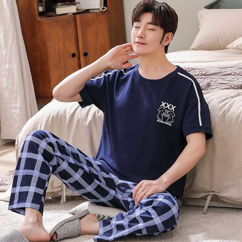 Plus Size Cotton Casual Plaid Short Sleeve Long Pants Pajama Set for Men korean Sleepwear Suit Pyjama Male Homewear Home Clothes 210812