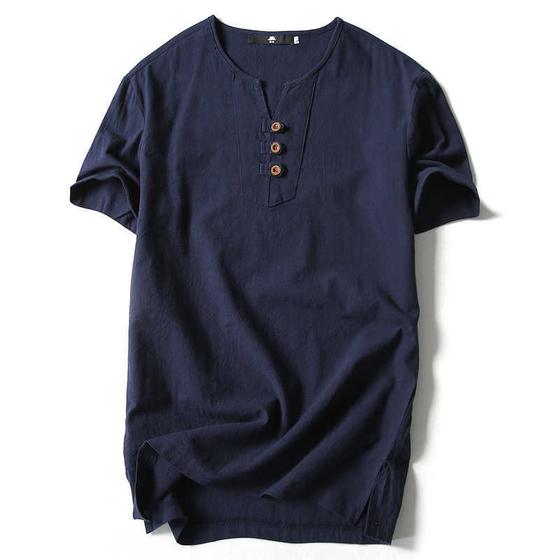 Men T Shirt Summer Men Cotton Tshirts Casual Short Sleeve Chinese Style Vintage V Neck Tees Plus Size Oversize Black White Tops 210715