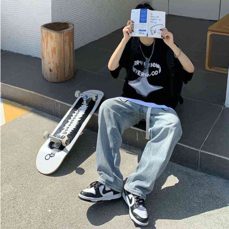 American Streetwear Jeans Hip-hop Letters Printed Loose Belt Trousers Men Retro Hong-kong Style Wide-leg Mopping Baggy Y2k Pants 211120