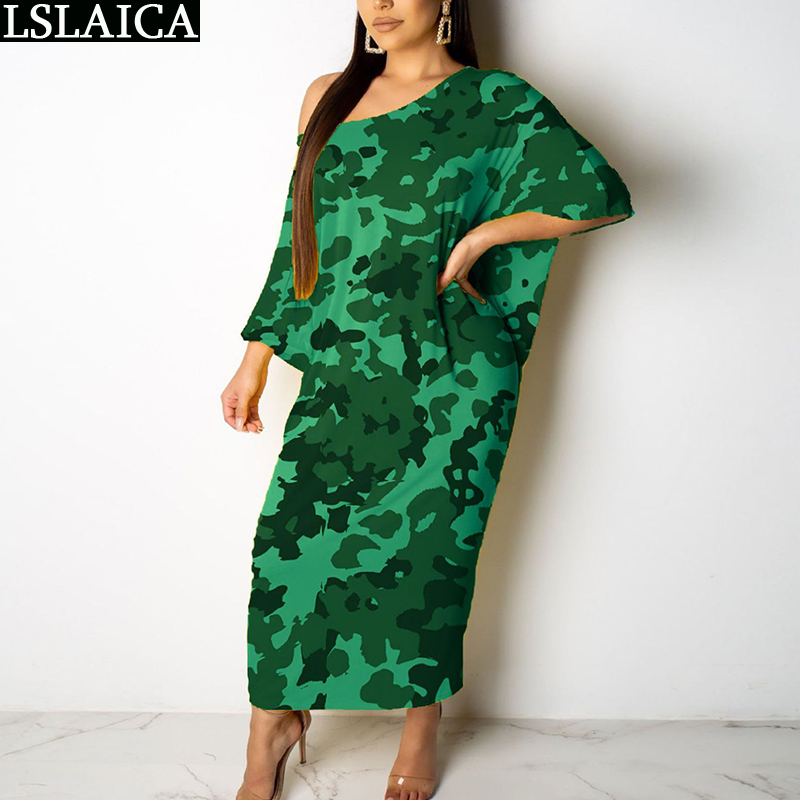 Woman Dress Summer Camouflage Print Batwing Sleeve O Neck Oversize Female Maxi Casual Plus Size Fashion Vestidos 210515