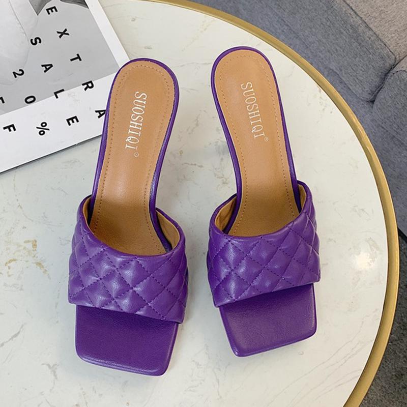 Slippers 2021 Summer Luxury Designer Women Purple Blue Red High Heels Slide Sexy Plaid Mules Open Toe Lady Party Shoes
