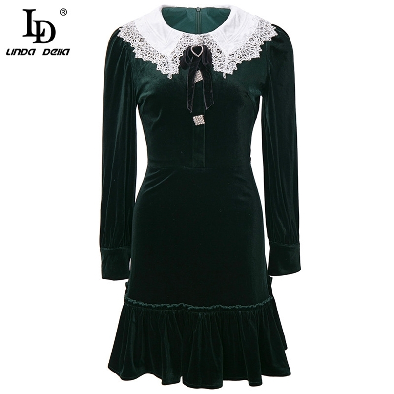 Autumn Fashion Runway Velvet Dress Women Long Sleeve Lace Collar Ruffles A Line Party Elegant vestidos 210522