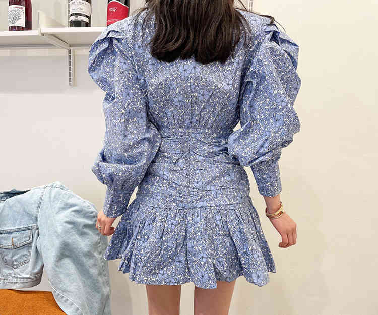 Retro Fashion Flower Print Women Casual O-Neck Puff Long Sleeve Dress Summer Ruffles Beach Short 210519