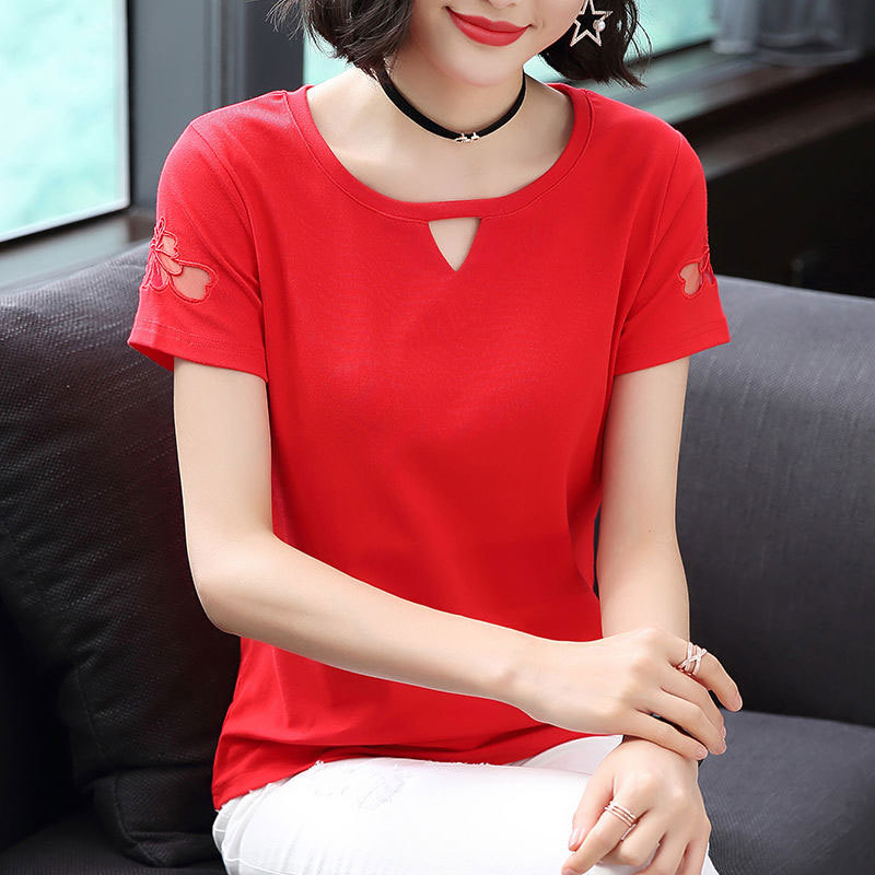 Summer Women T-shirts Plus Size Mesh Hollow Out Embroidery Short Sleeve Tee Shirt Femme V-neck Casual Tops D40 210512
