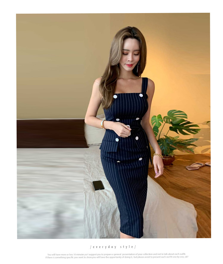 Double-breasted Belted Sheath Pencil Dress Women Summer stripe Dresses OL Business Work Wear To Office Vestidos 210519