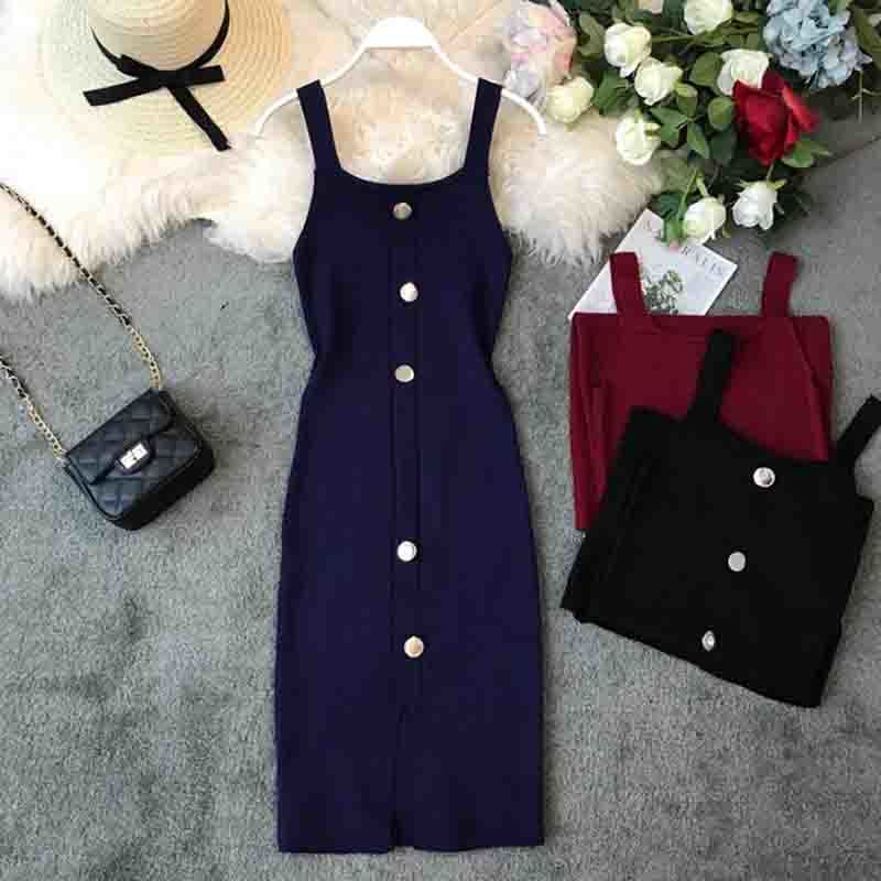 Women Summer Runway Knitted Dress Elegant Button Sleeveless Spaghetti Strap Split Sexy Dress Elastic Slim Knit Vestidos 210521