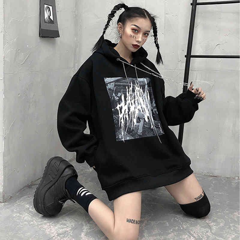 Hoodies & Sweatshirts Streetwear Harajuku Gothic Women's Hoodie Korean Oversize Loose Long Sleeve Hooded Sweatshirt Winter New Hip Hop Women