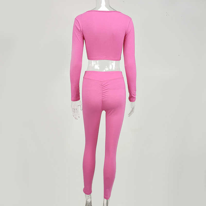 Colysmo Crop Top Long Pants Two Piece Set Women Autumn Tracksuit Sexy V-neck Sleeve Tops Bodycon Trousers 2 210527