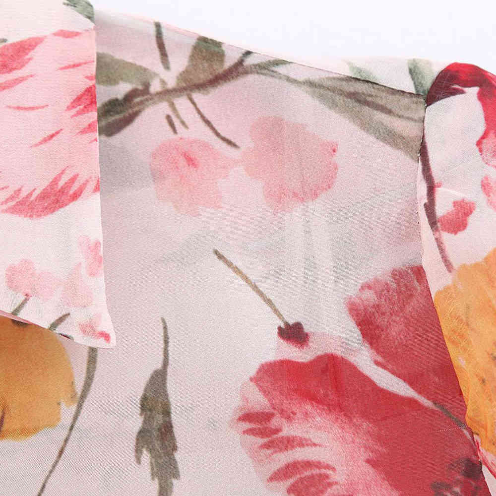 Women Fashion Floral Print Chiffon Midi Shirt Dress Two Pieces Sets See Through Female Dresses Vestidos Mujer 210420