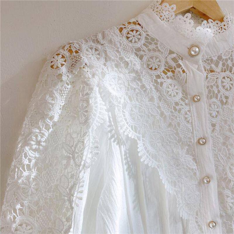 Women's Blouses & Shirts White Women Cut Out Meah Summer 2021 Collared Shirt Woman Button Up Casual Long Sleeve Top