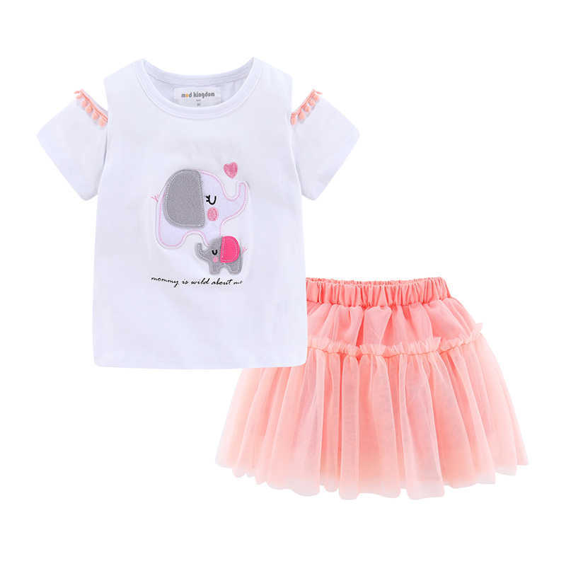 Mudkingdom Cold Shoulder Girl Skirt Set Animal Print Summer Outfits for Girls Cartoon Elephant Kids Clothes 210615