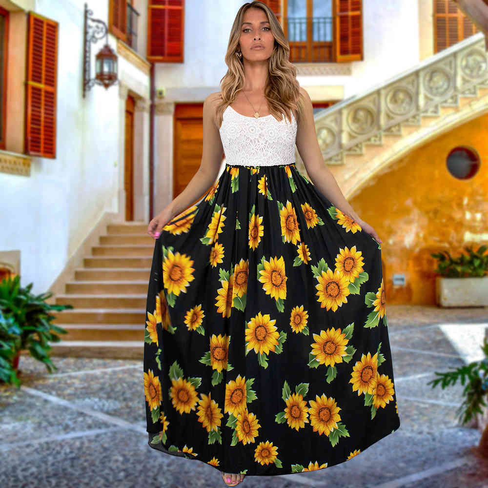 Elegant Women Boho Long Dress Summer Sexy Sling Lace Patchwork High Waist Beach Holiday Sundress Flower Printed Backless Dresses 210522