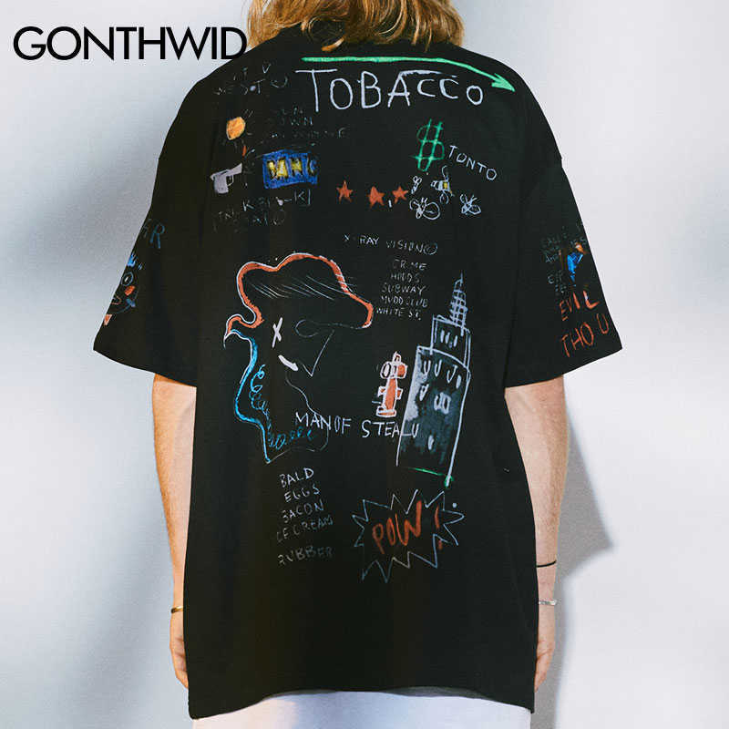 GONTHWID Hip Hop Graffiti Print Short Sleeve T-Shirts Streetwear Harajuku Casual Loose Tees Men Fashion Summer Tshirts Tops 210623