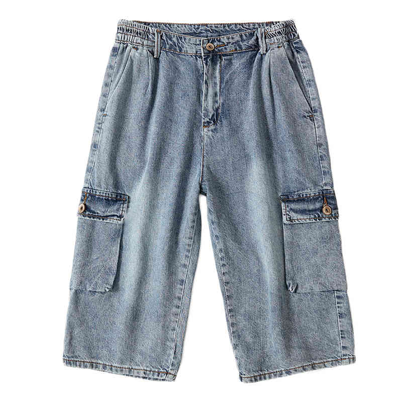 Jeans Shorts Men's Summer Breeches Multi Side Pocket Casual Bermuda Male Straight Long Blue Denim Loose Cargo Shorts Men 210518