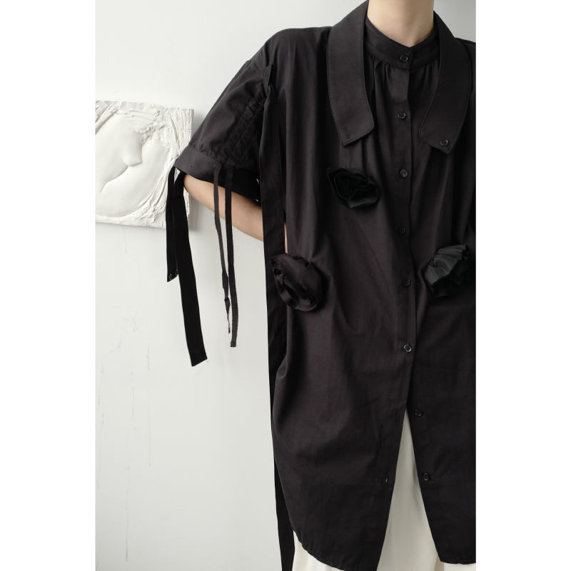 IEFB /men's wear Niche three-dimensional flower short sleeve asymmetric ribbon shirt for male high street large size shirt Y3380 210524