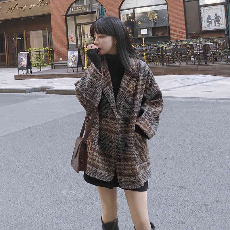 Wonder Winter Korean Overcoat Vintage Woolen Loose Coats female Double Breasted Turn-down Collar 210510