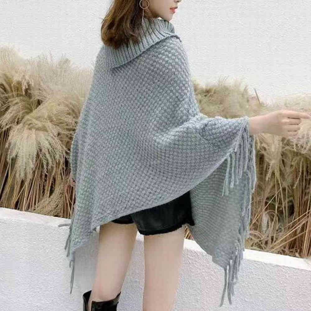 Women Winter Korean Furry Soft Loose Turtleneck Sweater Tassel Cloak Casual Long Knit Poncho Harajuku 210428