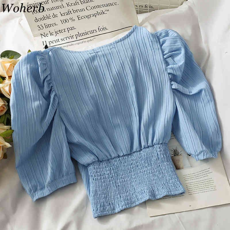 Women Blouses V Neck Puff Short Sleeve SlimCrop Top Korean Bowknot Stripes Elegant Shirts Summer Chic Blusas Mujer 4i657 210519