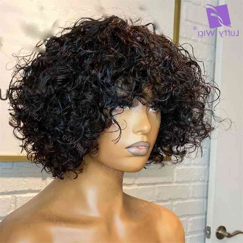 

Wig Short Curly Bob With Bangs Brazilian Remy Human Hair Machine O Scalp Top Wigs 14" 200% Density For Black Women Luffywig, Natural color