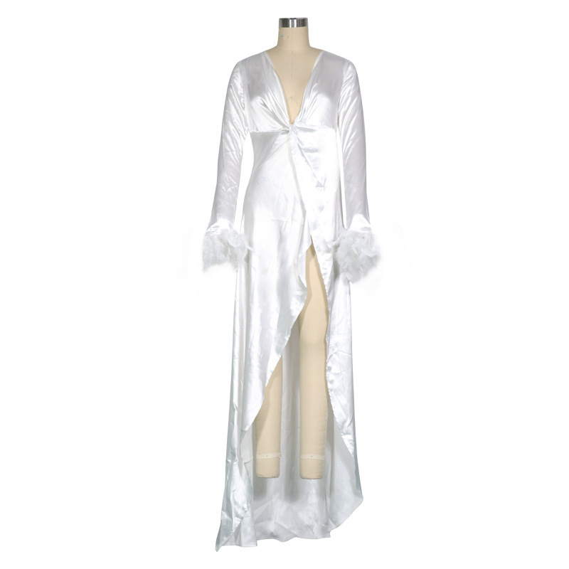 Women Dress Feather Spliced Maxi es Long Sleeve V Neck Split Sexy es Asymmetry White Plus Size 210513