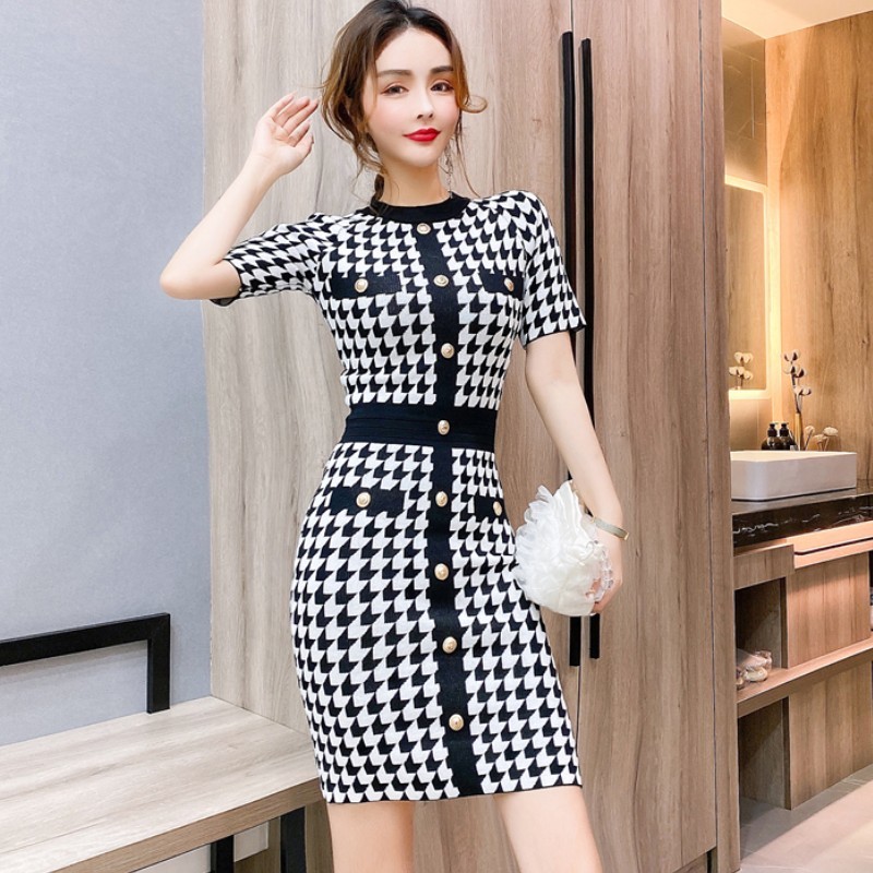 Women Summer Dress Vintage O-Neck Short Sleeve Houndstooth Knitted Bodycon Single-breasted Pencil 210519