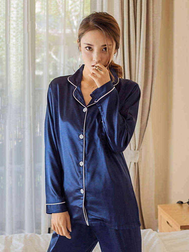Women's Pajamas Summer Sleep Silk For Satin Set Sleepwear Sets 2 Pieces Long Sleeve Women's Home Wear Nightie Clothes 211109