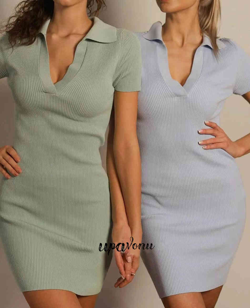 Free Summer Solid Color Knit Dress Women Lapel Short Sleeve Bodycon Ribbed Mini Club Evening Party Vestidos 210524