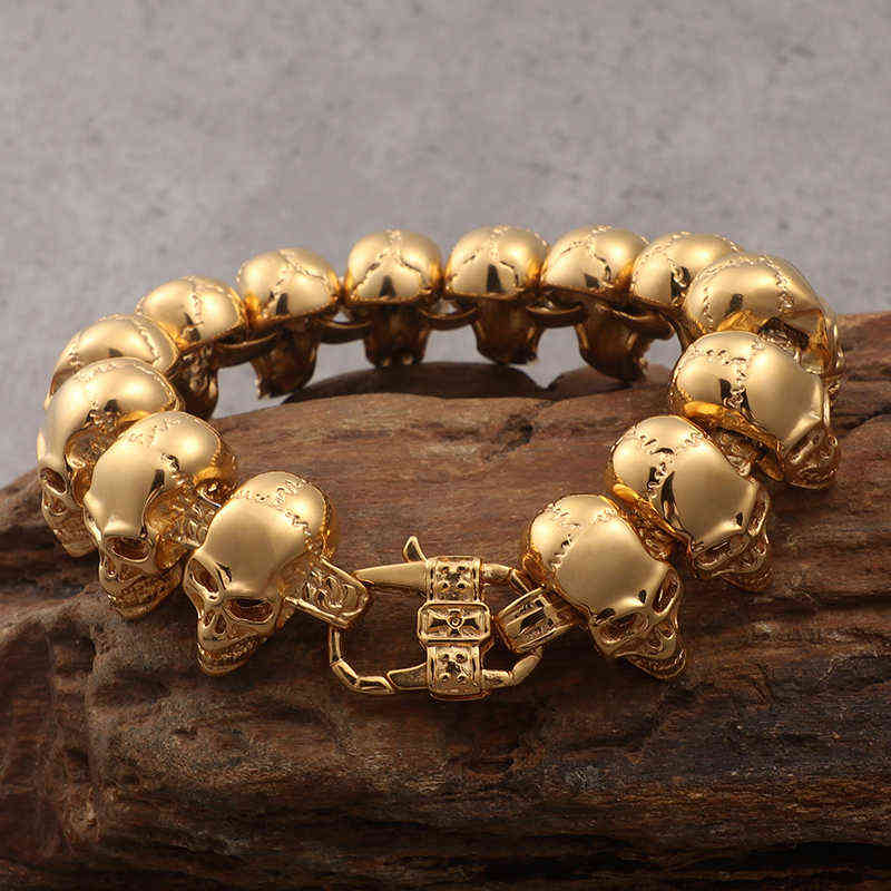 316L Stainless Steel 8.6" Large Skull Hand Chain Mens Bracelets For Men Cool Punk Rock Skeleton Biker Jewelry Polished 211124